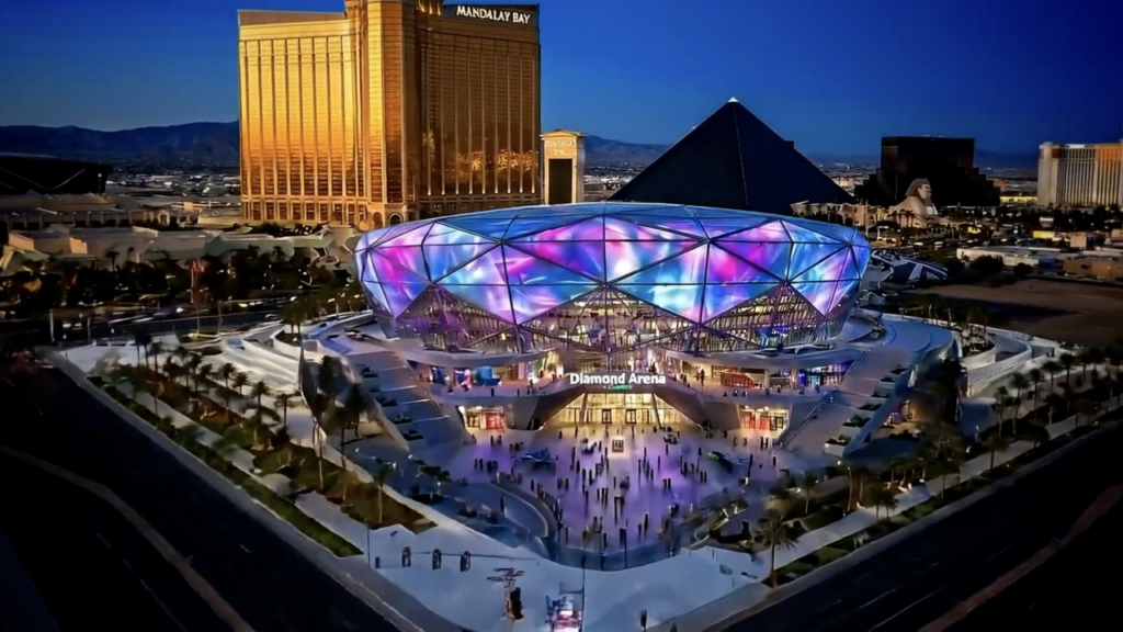 Colorful Diamond arena Las Vegas near iconic buildings