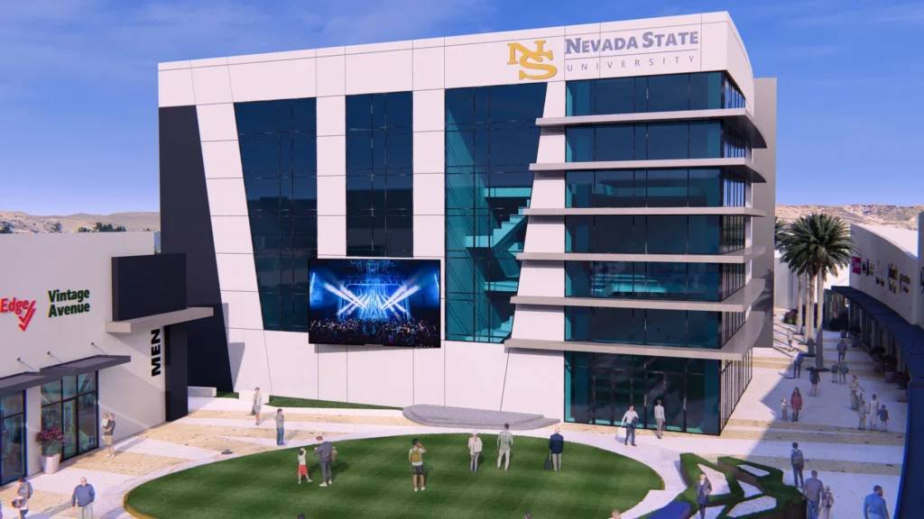 Modern downtown nevada state university building with outdoor space