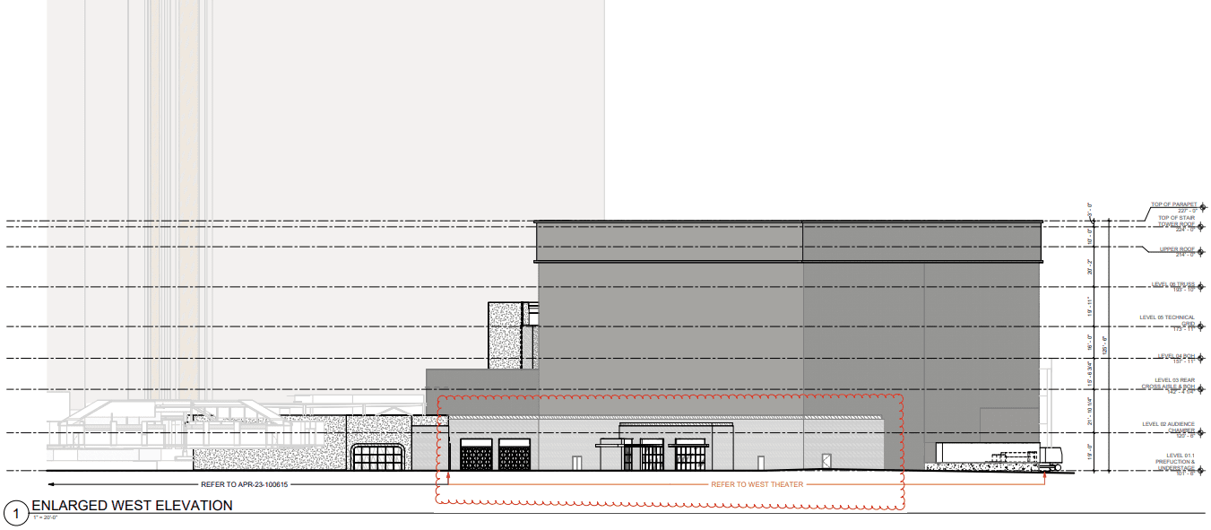 Elevation drawing of hard rock west theater coming to guitar-shaped hotel