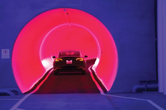 Car driving through Vegas Loop tunnel to Vegas Loops Station by Boring co.