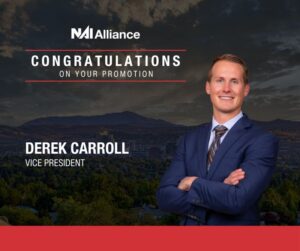 Image of Derek Carroll folding his arms with text about his promotion.