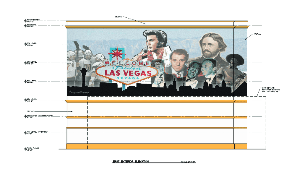 Elevation of mural wall at upcoming seven-story apartment complex development by Zilberberg International in Las Vegas