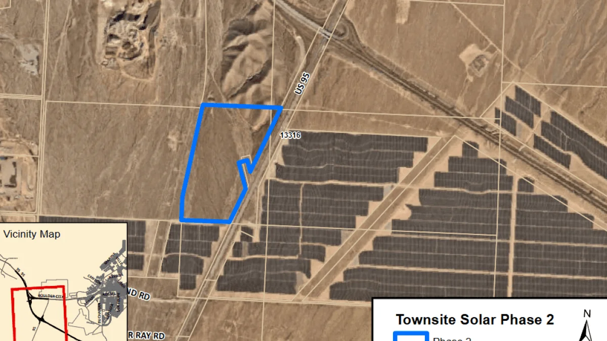 Aerial map showing an outline of the former location of the Towniste Solar 2 data center campus moving from Boulder City to federally-owned land.