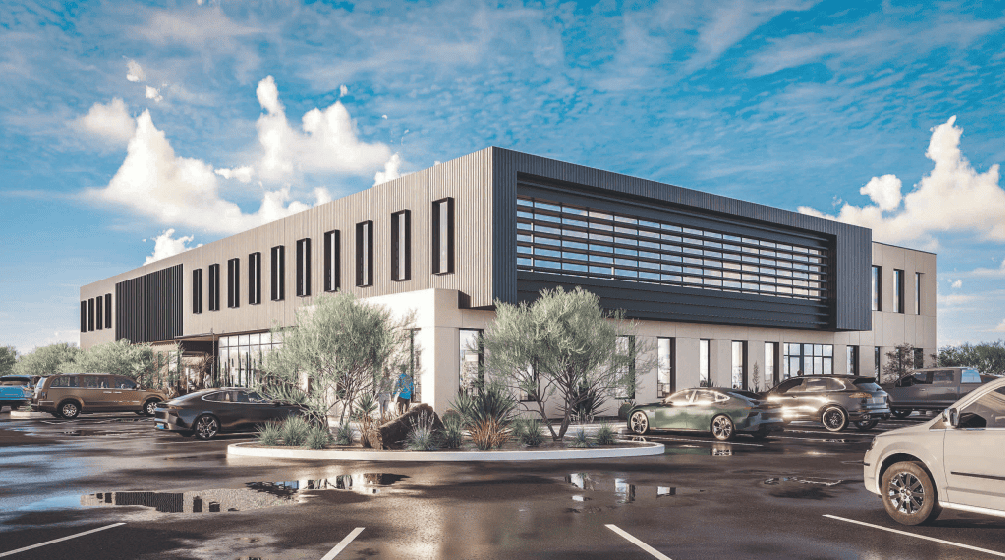 Exterior rendering of rancho medical office building proposed at the NEC of Mesquite Avenue and Rancho Drive in Las Vegas.