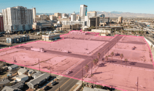 Aerial photo of an Downtown Core Assemblage, an 11-acre site in downtown Las Vegas with a Request for Proposals solicitation
