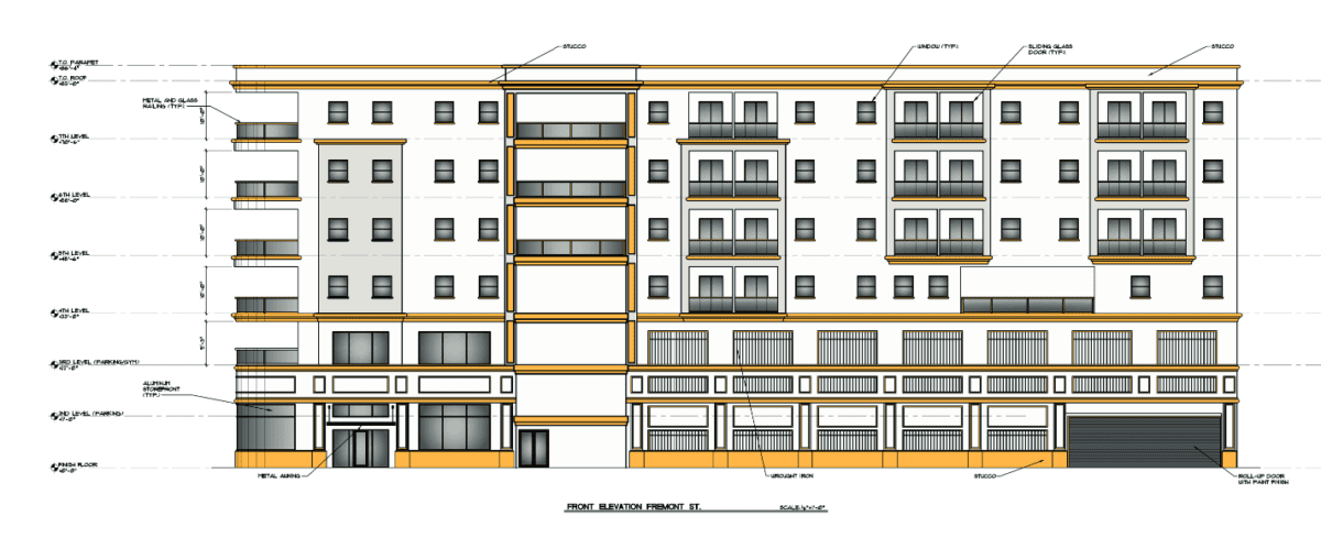 Elevation of upcoming seven-story apartment complex development by Zilberberg International in Las Vegas