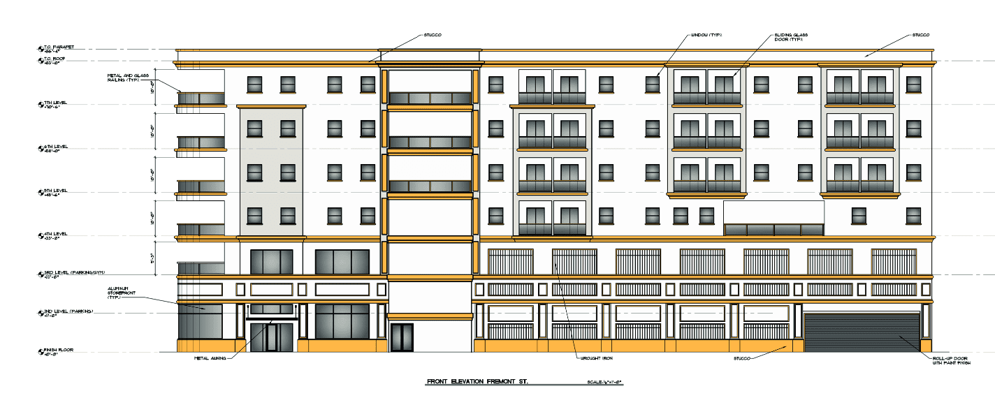Elevation of upcoming seven-story apartment complex development by Zilberberg International in Las Vegas