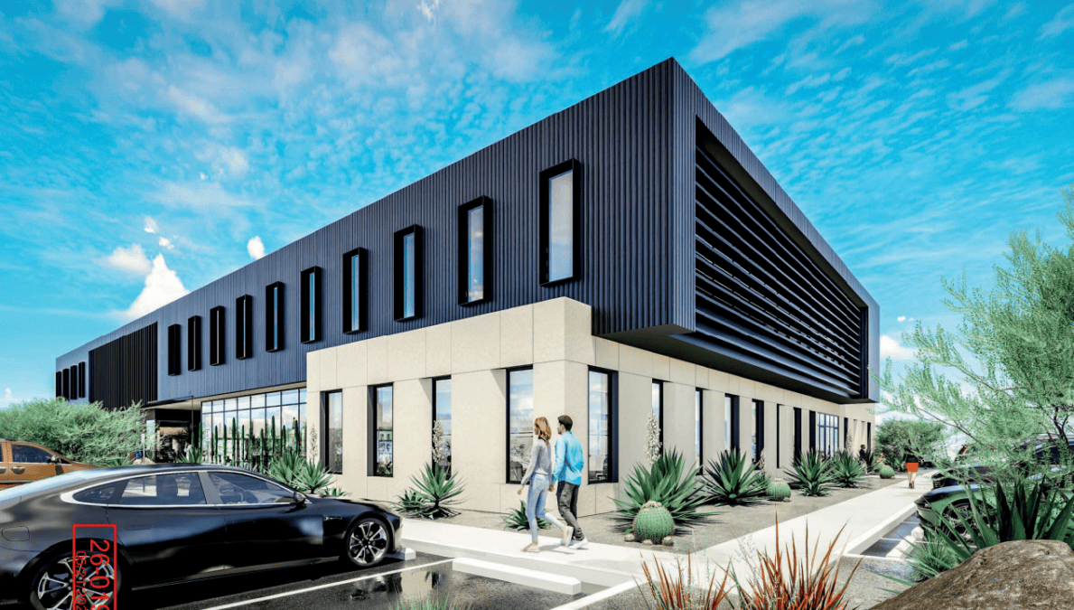 Exterior rendering of rancho medical office building proposed at the NEC of Mesquite Avenue and Rancho Drive in Las Vegas.