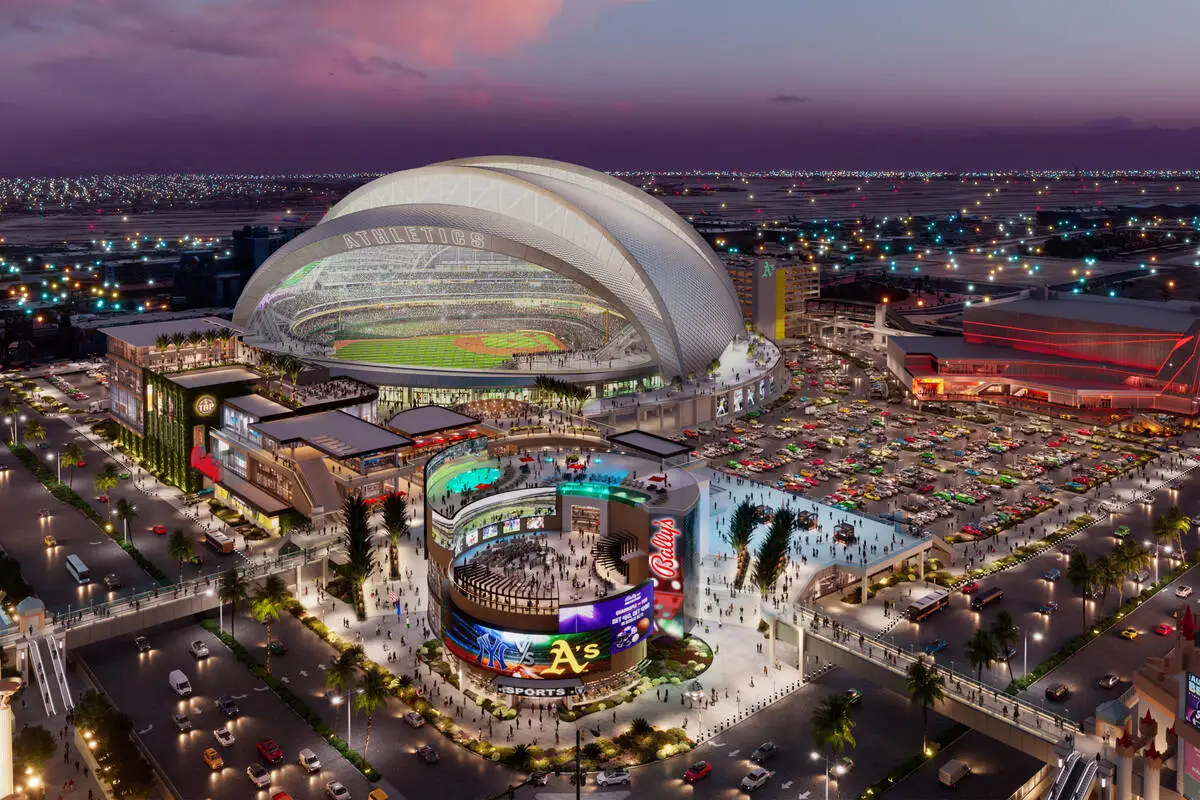 Rendering of Bally's Las Vegas project in Paradise, Nevada with Athletics' stadium, a theater, parking garage, and more.