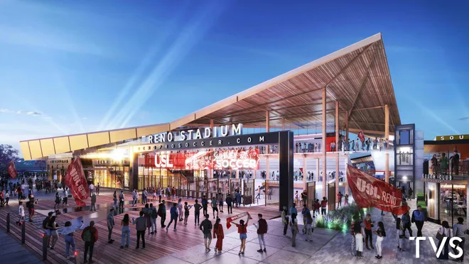 Rendering of The Boulevard Reno by TVS Architecture and Interior Design, a mixed-use entertainment district anchored by a 6,000-seat soccer stadium.