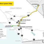 Map showing the route of the Brightline West high-speed rail project between Las Vegas and Southern California.