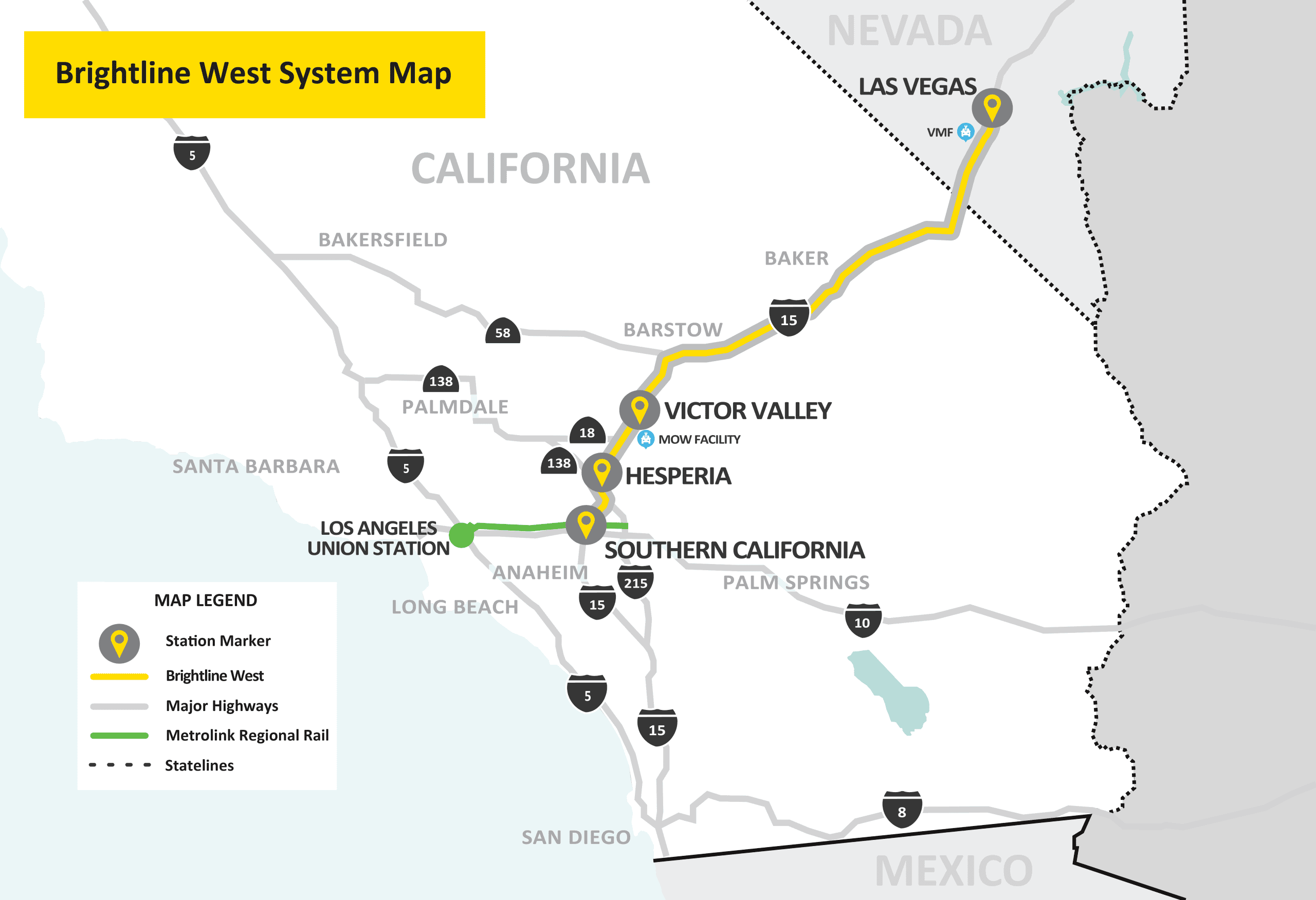 Map showing the route of the Brightline West high-speed rail project between Las Vegas and Southern California.