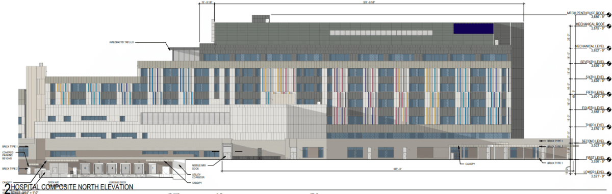 Elevation rendering of Intermountain Health Children's Hospital by Shepley Bulfinch and Gensler.