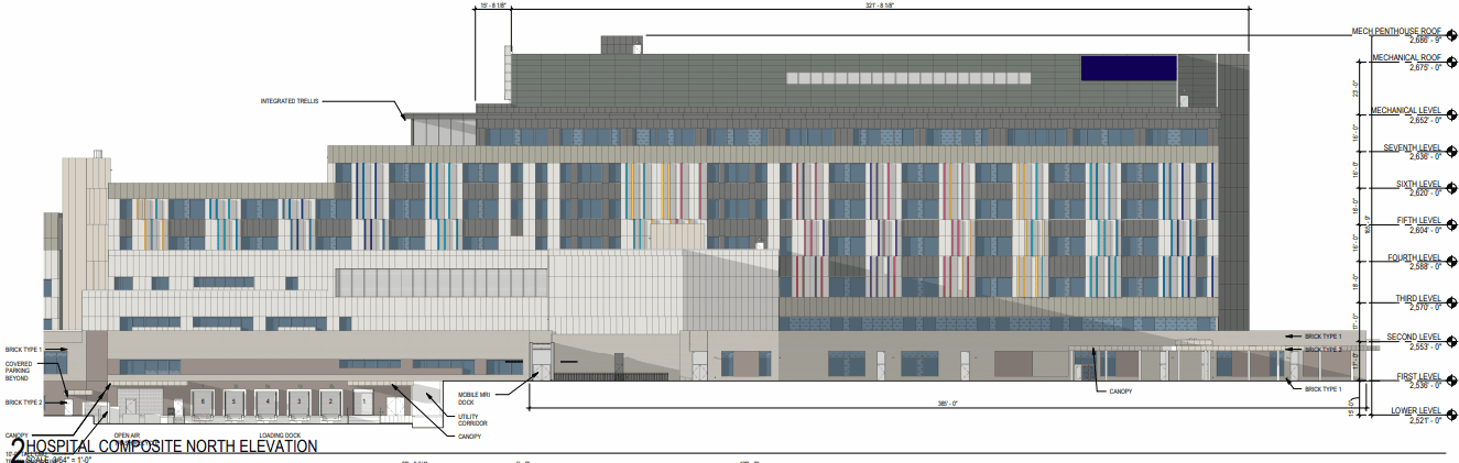 Elevation rendering of Intermountain Health Children's Hospital by Shepley Bulfinch and Gensler.