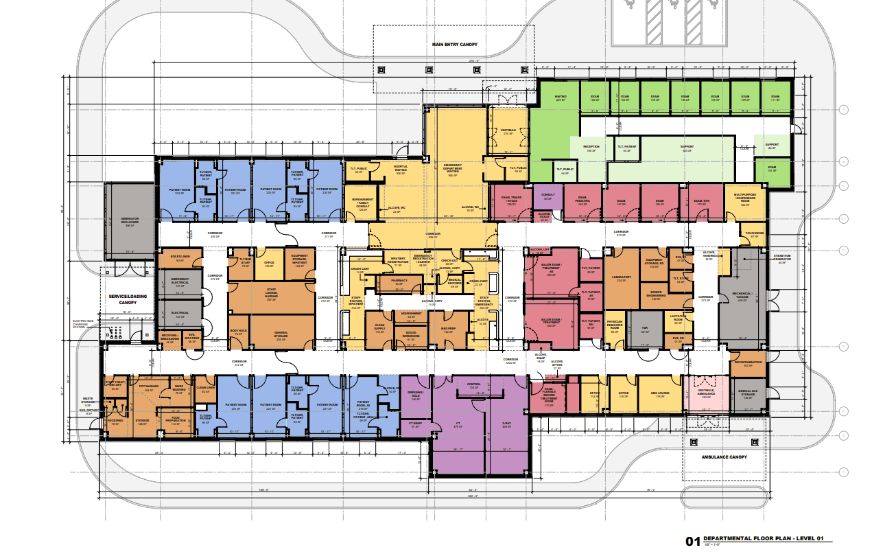 Floor plan of proposed 23KSF hospital, Emerus East Las Vegas Hospital, in Sunrise Manor, Nevada by HKS Architects, Inc., Nexcore Healthcare Development LLC and Durkin Properties.