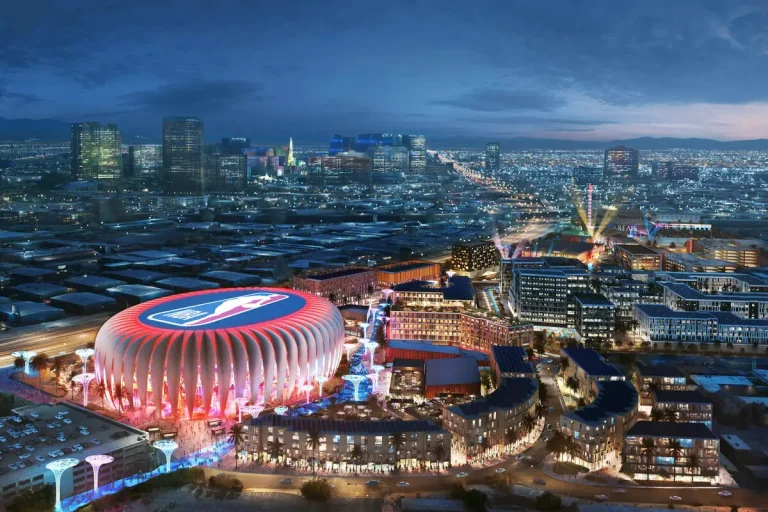 Rendering of the Fisher Brothers NBA Arena proposed for near Area15 in Las Vegas, Nevada.