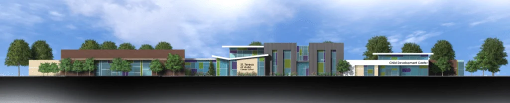 Rendering of the preliminary final design of St. Teresa of Avila Catholic Church School at 3000 Lompa Lane in Carson City, Nevada by Van Woert Bigotti Architects.