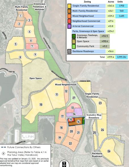 Map of the Talus Valley Villages master plan in Reno, Nevada by Toll Brothers, affiliate TL Talus, LLC and Wood Rodgers, Inc.
