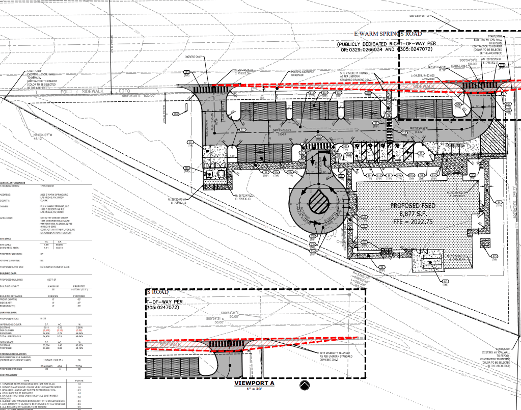 Site Plan by TMP Architecture for an 8.9KSF emergency services department at 2905 E. Warm Springs Road in Paradise, Clark County, Nevada.