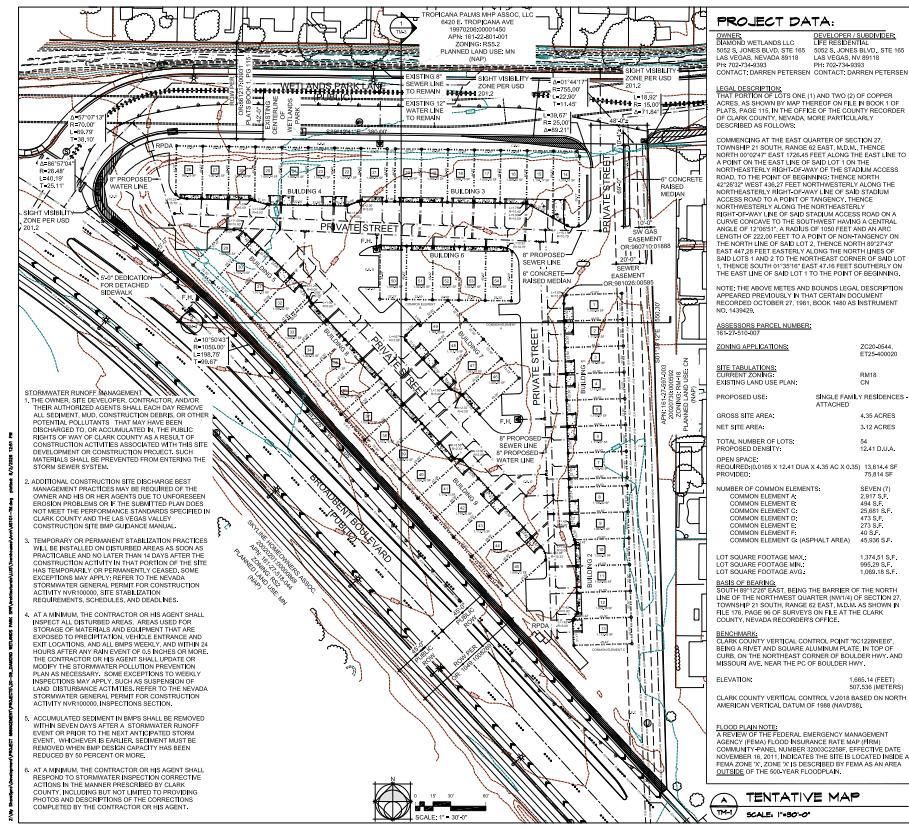 Tentative site map of Diamond Wetlands Townhomes development in Whitney (Clark County, Nevada) by DC Petersen.