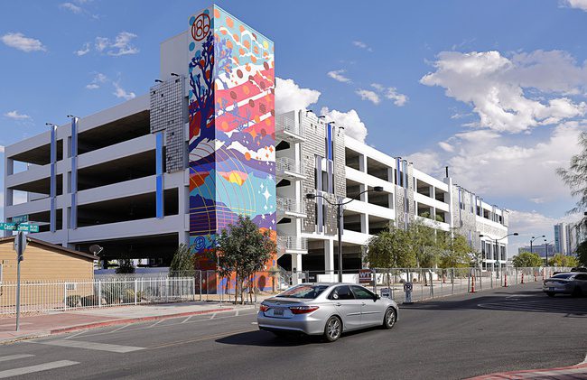 A view of a new City of Las Vegas parking garage, expected to open on Sept. 29, in the Arts District at Casino Center Boulevard and Imperial Avenue Wednesday, Aug. 26, 2026. In response to public feedback, the city of Las Vegas announced adjustments to parking plans for the 18b Las Vegas Arts District.