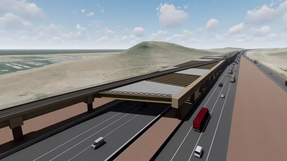 Rendering of Nevada rail line. Credit: Brightline West