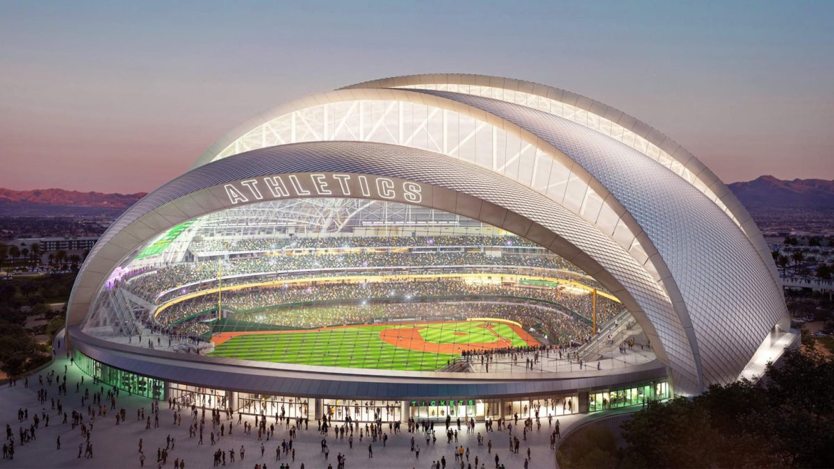 Rendering of outside aerial view of Athletics Baseball Stadium