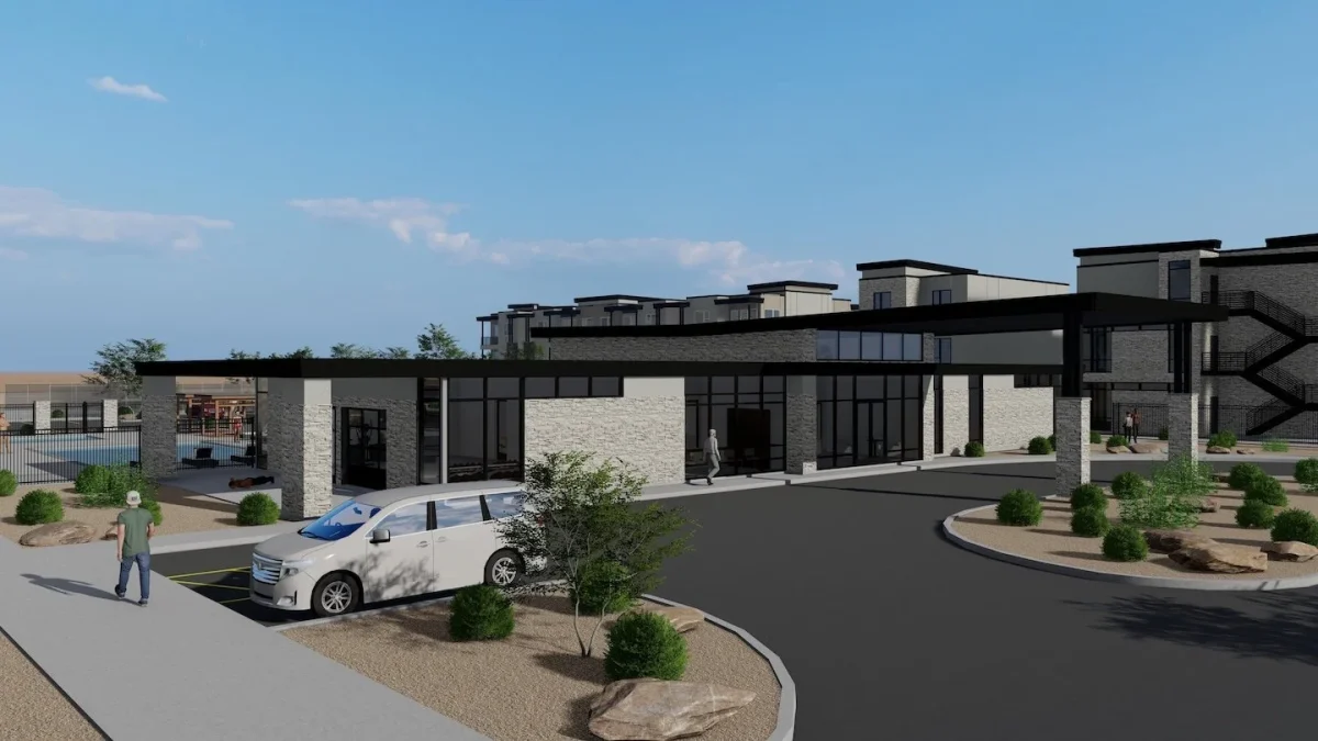 Outdoor rendering of new affordable housing development called Patriot Housing LV