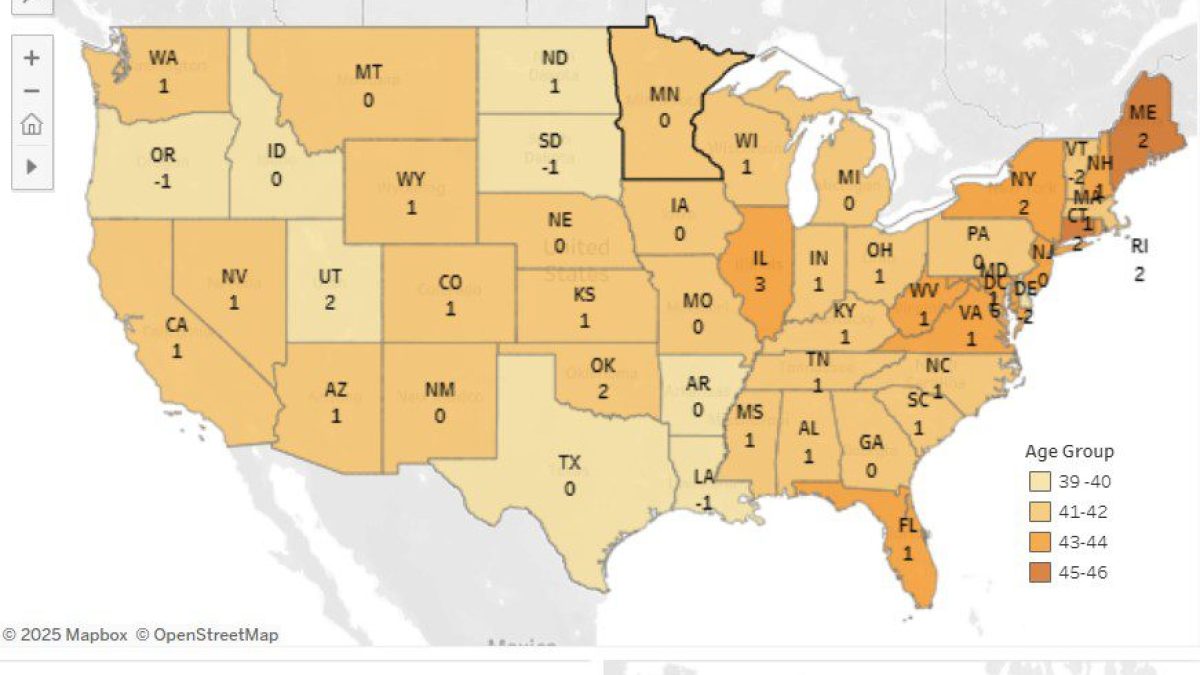 Median Age of Construction Labor Force by State 2023 Map