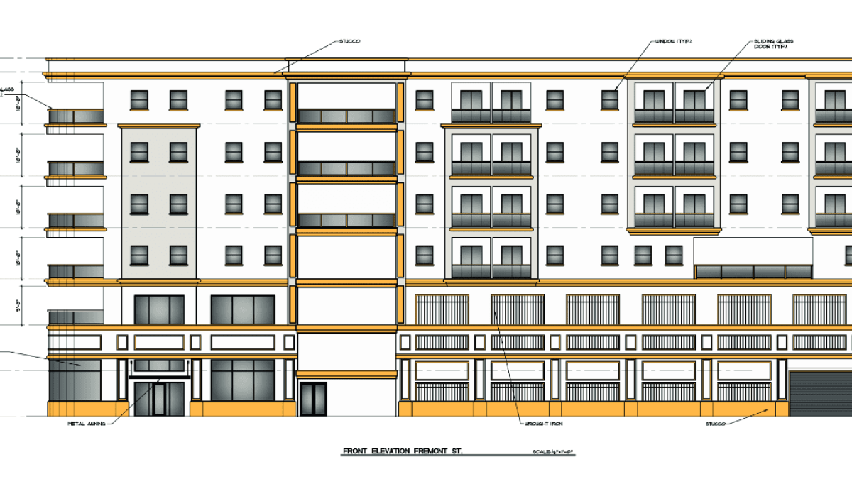 Elevation of upcoming seven-story apartment complex development by Zilberberg International in Las Vegas